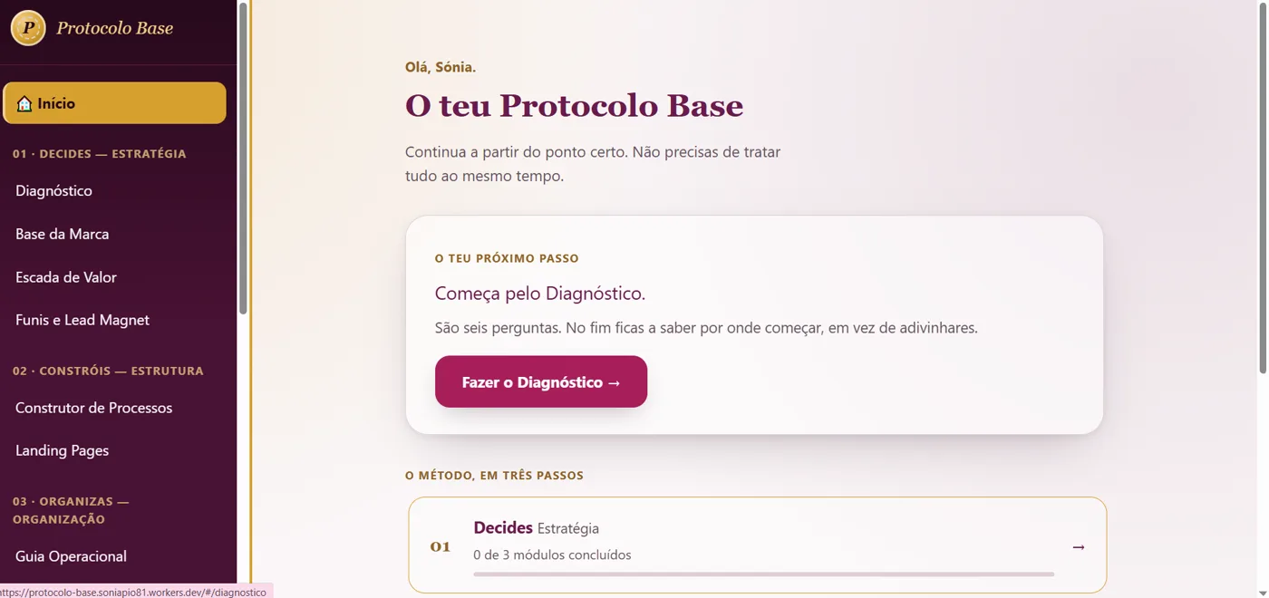 Página inicial do Protocolo Base com o diagnóstico e os três pilares