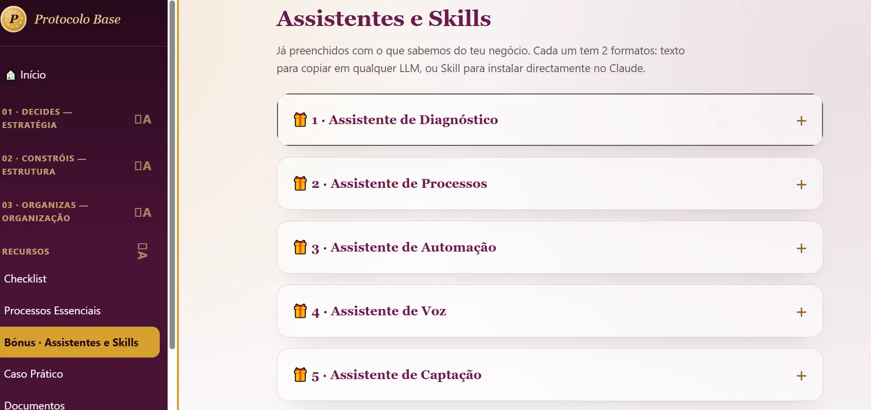 Área Assistentes e Skills dentro da aplicação Protocolo Base